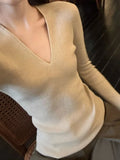 Fongt Tea Color V-Neck Knitted Shirt Slimy Temperament Fashion Thin Inside The Bottom Shirt Tight Cashmere Sweater Woman