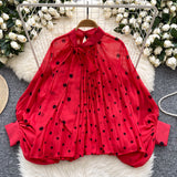 Fongt Top Spring Fashion Bow Tie With Lantern Sleeves Long Sleeves Loose Shirt Woman