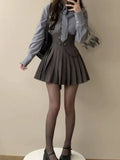 Summer Preppy Style Patchwork Skirt Suit Vintage 3 Piece Set Women Short Coat+ Striped Shirt + High Waist Mini Skirt Chic-Outfit