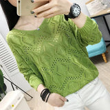 Fongt 2023 New Women's Loose V-Neck Hollowed-Out Thin Top Burst Sweater Knit Bottom Bat Shirt-Outfit
