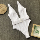 Solid Red One Piece Swimsuit Women Push Up Lace Up Bandage Bodysuit Brazilian Deep V Neck Backless Bathing Suit