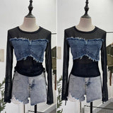 Vintage Spice Girls Stomee Net Yarn Sexy Perspective Drawstring Long-Sleeved T-Shirt Top