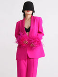 Fongt New Temperament Top Collar With Diamond Design Sense Cuff Stitching Ostrich Hair Long Sleeve Suit Spring Style-Outfit