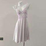Fongt Embroidered Small Flower Long Sling Aja Skirt Girl New Light Luxury Sexy Ice Silk Thin Belt Steel Ring Pyjamas Homewear