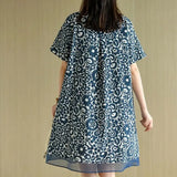 Vintage Printed Polo-Neck Straight Midi Casual Dresses Women's Clothing Short Sleeve Summer All-match Gauze Patchwork Dress-Outfit