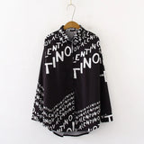 Arrival Letter Print Turn-down Collar Long Chiffon Blouse Button Up Casual Loose Chic Black Shirt Feminina Blusa