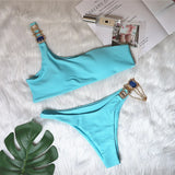 Fongt New Swimsuit Luxury Crystal Diamond Chain Female Split Swimsuit Plain Color One Shoulder Sexy