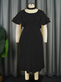Fongt Casual Comfort Hollow Collar Folding Skirt Elegant Style Level Feel Horn Sleeve Dress Dress Dress