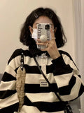 Korean Polo Collar Striped Sweatshirts Women Harajuku Oversize Vintage Streetwear Hoodie Preppy Style Long Sleeve