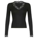 Fongt Pure Desire Sexy Wind Lace Splicing Base Long-Sleeved T-Shirt V-Neck Pure Color Slim Slim Joker Top-Outfit