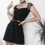 Sexy Street Lace Stitching Square Collar Short-Sleeved Blouse Female Corns Strapped To Show Slim Women's Wear-Outfit