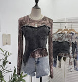 Fongt Shooting Tie-Dye Print Spliced Denim T-Shirt Girl Autumn Design Sense Irregular Hair Side Short-Sleeved Top 2617