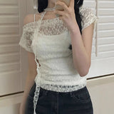 Fongt Pure Babes Perspective Lace Lace Shoulder Strap Around The Neck Solid Color Short-Sleeved T-Shirt Top