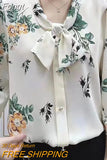 Autumn 2023 Elegant Fashion Printing Bow Half Sleeve Pullovers for Women Blouses Casual Chic Button Chiffon Shirt