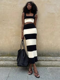Fongt East New Women's Black And White Knitted Striped Long Suit Vest With Sweater Skirt