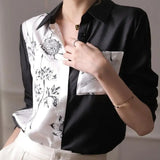 Chinese Style Printed Blouse Female Clothing Asymmetrical Patchwork Spring Autumn Stylish Pockets Single-breasted Shirt-Outfit