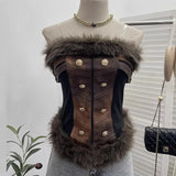 Real-Patted Leather Bra Waist Waist Coat Hair Spliced Pu Leather Slings To Collect Waist Thin Short Sleeveless Top