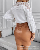 2023 New Women's Fashion Print Hollow Pattern Stitching Lantern Sleeve Sweater-Outfit