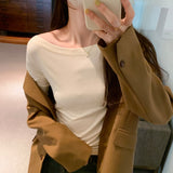 Solid Color Word Shoulder Slim Shows The Thin Bottom Shirt The Girl Autumn New Design Sense Middle Sleeve T-Shirt Hot Girl Blouse-Outfit