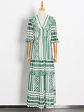 Fongt Vintage 2025 Spring New Fashion Design Prints V-Necked Leaf-Side Dresses For