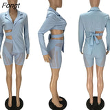 Women Solid Blazer Suit 2 Piece Sets Notched Long Sleeve Lace Up Bandage Asymmetrical Top Sheer Mesh Patchwork