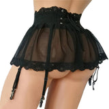 Sheer Black Mesh And Lace Six Strap Ruffle Garter Belt High Waisted Lace Pull On Suspender Belt Women Black