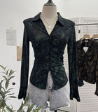 Real Shooting 2025 Spring And Summer New Tie Dye Mesh Elastic Temperament Clasp Tsets Single-Dear Horn Sleeve Shirt
