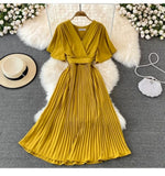 Fongt New V-Neck Short-Sleeved Dress Over Knee-Repaired Lady's Waist Tie Mid-Slap Dress