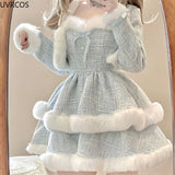 Style Elegant Tweed Plaid Dress Sets Women Plush Patchwork Short Woolen Jackets Sexy Bow Mini Skirt Japanese Fashion Suit-Outfit