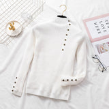 Office Lady Front Buttons Fleece Knitted Sweater Long Sleeve Mock Neck Solid Slim Pullover 2021 Winter New Fashion
