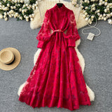 Fongt 2025 New High-End Heavy Industry Mesh Embroidery To Collect Thin French Elegant Lantern Sleeve Dress