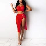 Mesh Two Piece Set Women Summer Sexy Sleeeveless Crop Tops Side Split Midi Skirts Set See Through Beach Party