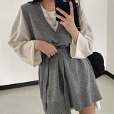 New 2022 Vintage Split Knitted Lace Up Sleeveless Korean Style Elegant Lady Spring Autumn Women Mini Dresses
