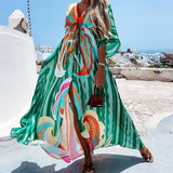 Fongt Spring New Holiday Wind V-Neck Printed Printed Long Dress