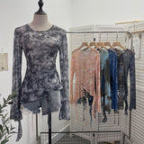 Irregular Tie With Lotus Leaf Side Tie Print Mesh Yarn Perspective Sunscreen Shirt T-Shirt T-Shirt Short T-Shirt
