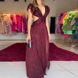 Fongt Summer New Fashion Lace Sleeve Hollow-Out Sexy Perspective Dress-Outfit