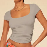 New Hot Women Decorate Body Solid Color Summer Square Neck Casual T-Shirt