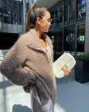 Fongt New Fashion Solid Color Lapel Heavy Industry Sequins Lazy Wind Sweater Coat-Outfit