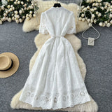 Fongt Summer Women's Dress Small High-End Embroidery Single Buckle Waist Elegant Knee Long Skirt