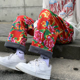 Northeast Big Flower Leisure And Velvet Foot Casual Pants Large Size Chinese Wind Peony National Characteristics And Velvet Big Flower Pants-Outfit