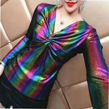 Glossy Contrasting Colors Slim T-shirt 2023 Spring Autumn Long Sleeve Female Clothing Sexy V-Neck Stylish Folds Pullovers-Outfit