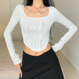 Fongt Women's Clothing 2025 Autumn Explosion U Collar Top Water Corrugated Body-Closing Sexy Long-Sleeved T-Shirt Girl