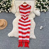 Fongt Fan Temperament Body-In-County-Necked Sleeveless Striped Knitted Dress Women's Summer Tight-Dled Ass Tuxedo Dress