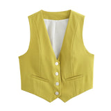 Fongt Women's Retro Solid Color Candy Color V-Neck Short Suit Vest / Horse Clip Cane