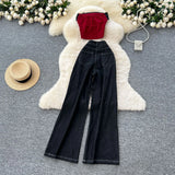 Fongt A Female Summer Dress Sexy Hottie Letter Embroidered Sleeveless Chest Vest High-Waisted Denim Casual Broad Leggings
