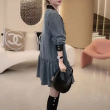 Clothing Pockets Patchwork Denim Dresses Korean Spring Autumn Long Sleeve Casual Loose Turn-down Collar Button Midi Dress-Outfit