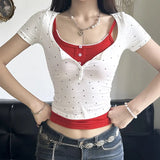 Spice Girl Wave Point Impact Color Two Sets Of Tight Impact Color Lace Suspenders Small Vest Half-Button Short-Sleeved Knitted Blouse-Outfit