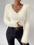 Fongt And Winter New Solid Color V-Neck Repair With Plush Short Lady Sweater