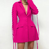 Single Breasted Blazer Women Jacket Notched Collar Lace-up Drawstring Slim Pockets Elegant Blazers Ladies Outerwear Tops-Outfit