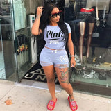 Two Piece Set Women Pink Letter Print Tops + Holes Shorts Tracksuits for Plus Size Women Casual Steetwear 2pcs